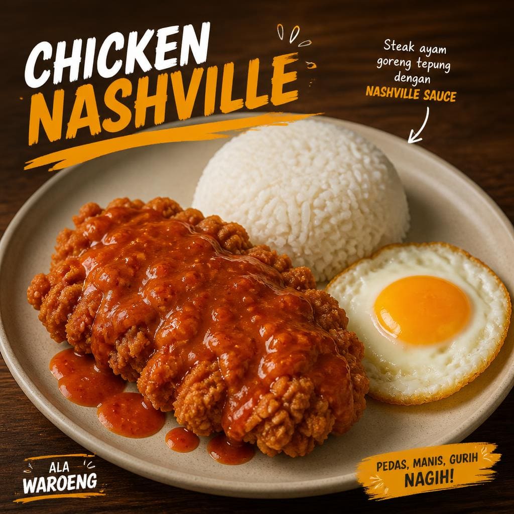 Chicken Nashville dengan steak ayam goreng tepung, nasi, telur, dan saus Nashville